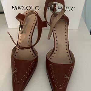 Manolo Blahnik stitched brown leather. Strappy ankle. Original box.